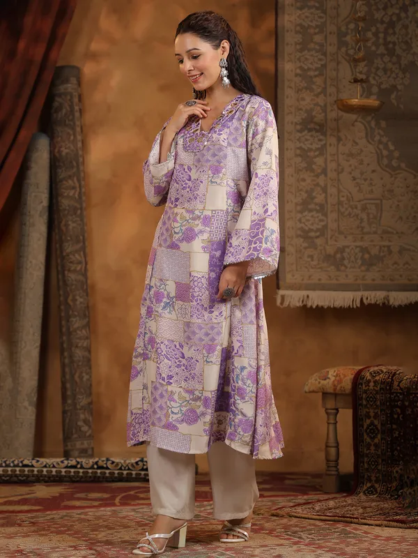 Beige and purple cotton silk kurti set