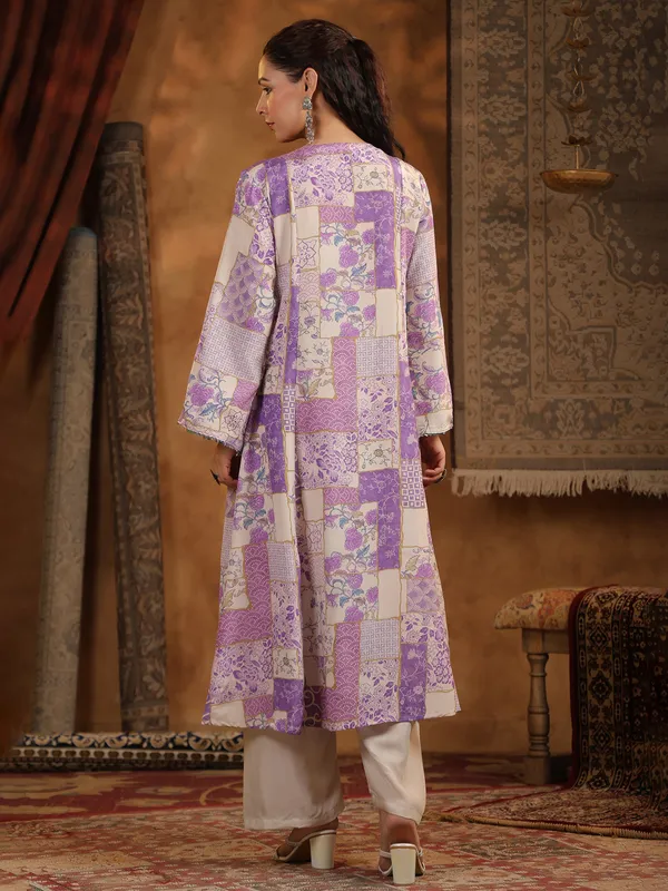 Beige and purple cotton silk kurti set