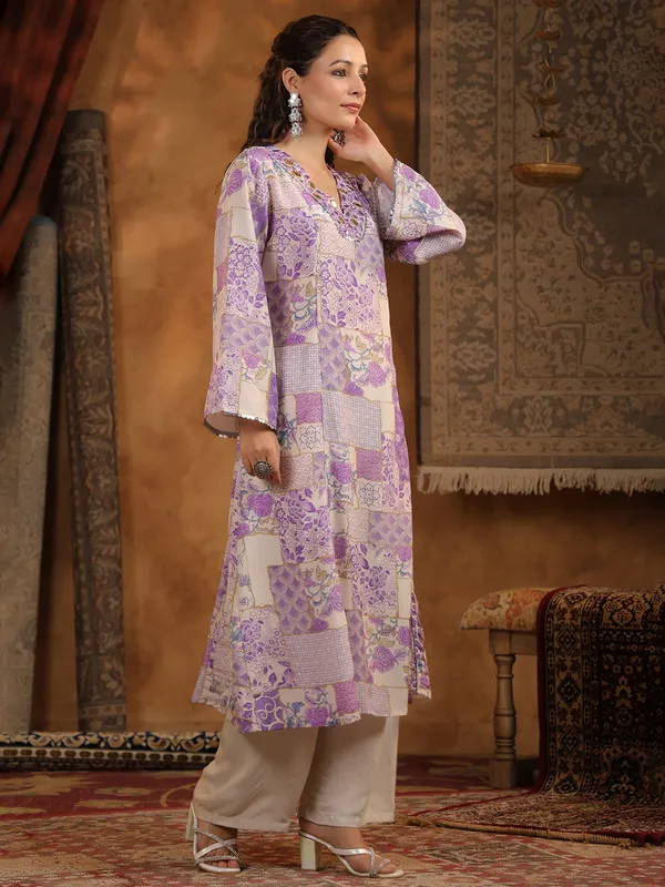 Beige and purple cotton silk kurti set