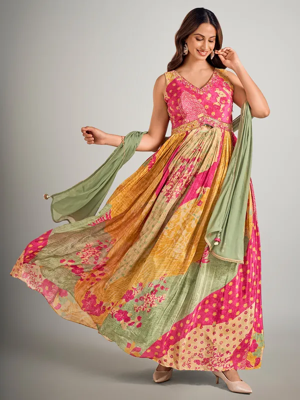 Beige and rani color silk designer suit