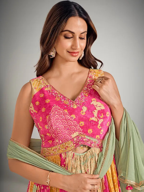 Beige and rani color silk designer suit