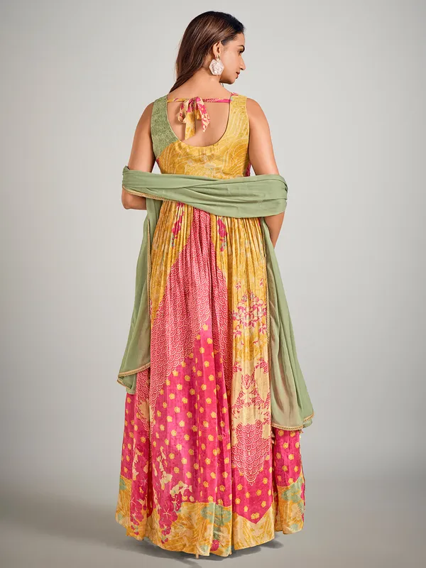 Beige and rani color silk designer suit