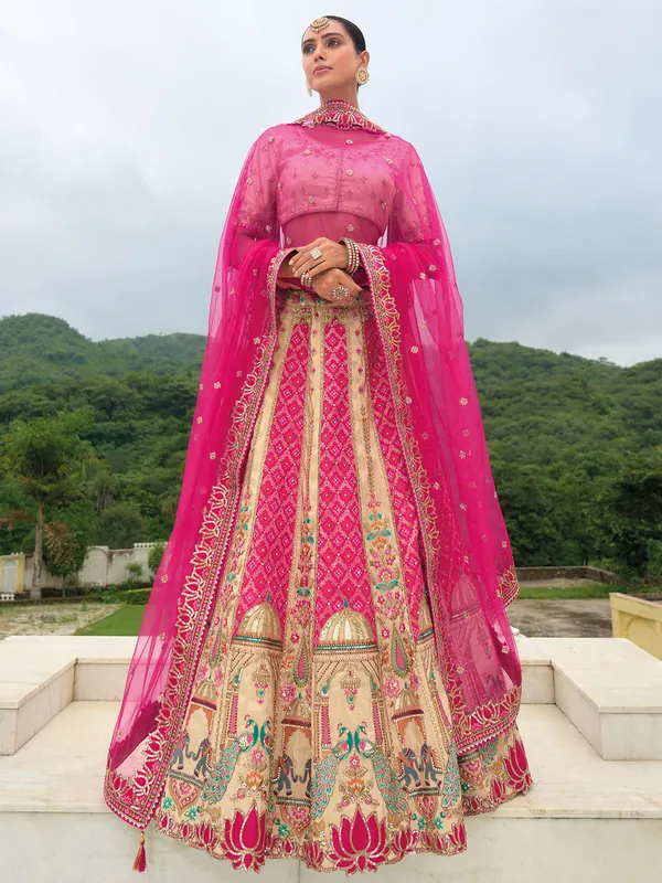 Beige and rani color silk lehenga choli