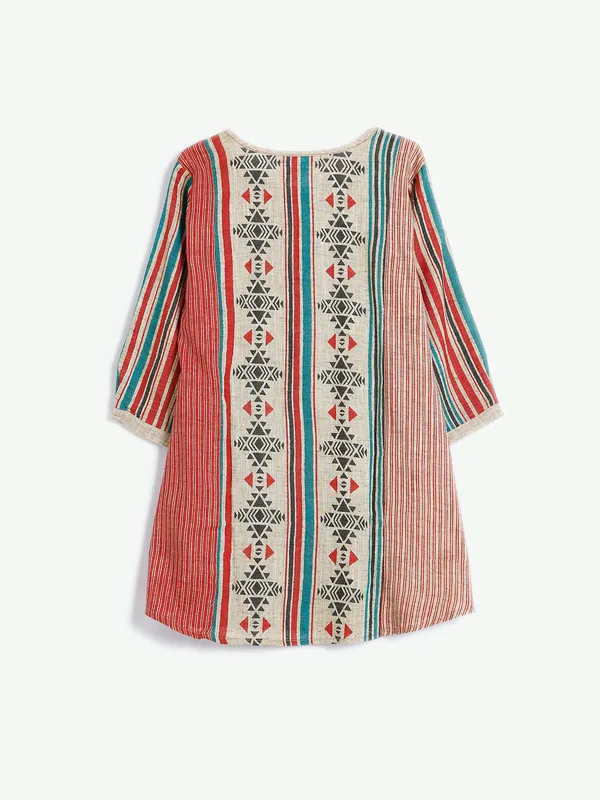 Beige and red cotton printed short kurti