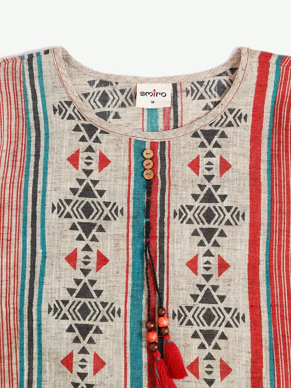 Beige and red cotton printed short kurti