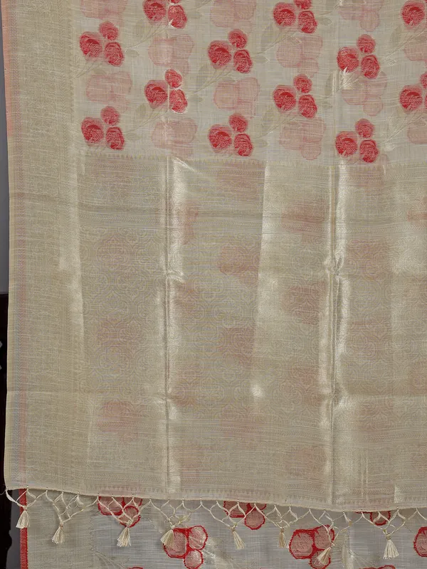 Beige and red semi cotton silk saree for women