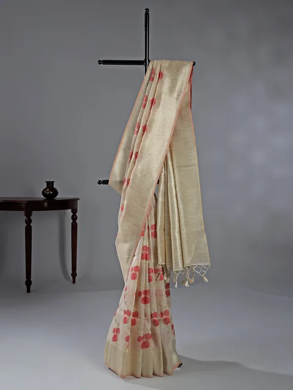 Beige and red semi cotton silk saree for women