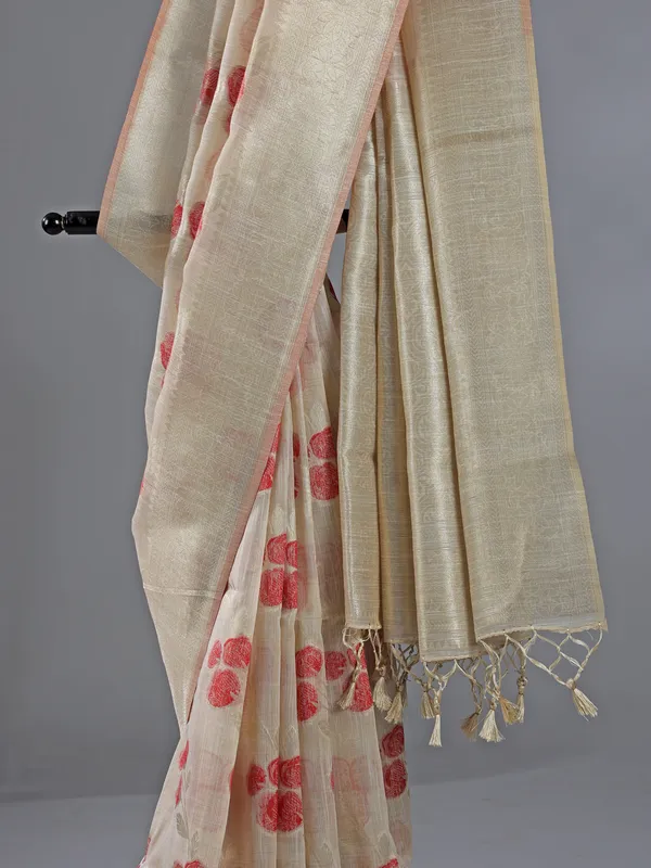 Beige and red semi cotton silk saree for women