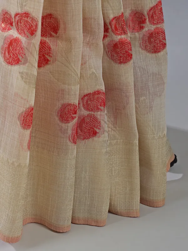 Beige and red semi cotton silk saree for women