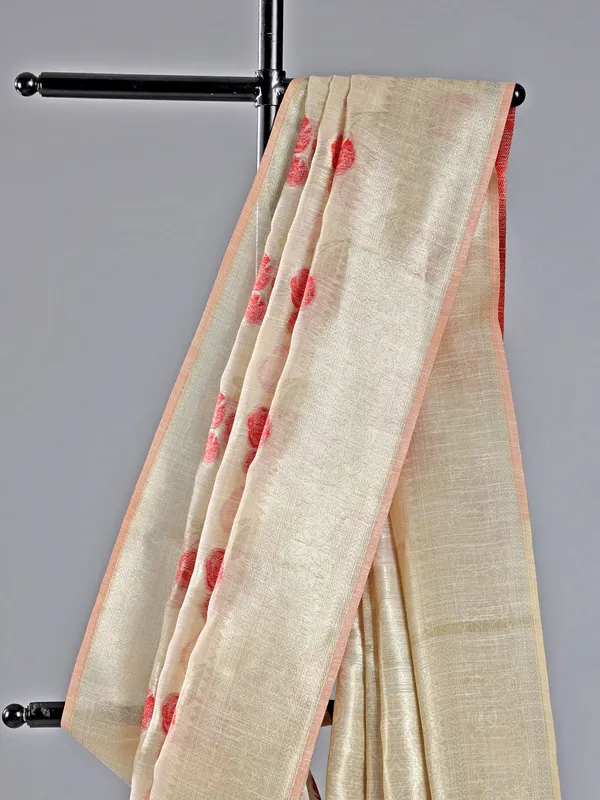 Beige and red semi cotton silk saree for women