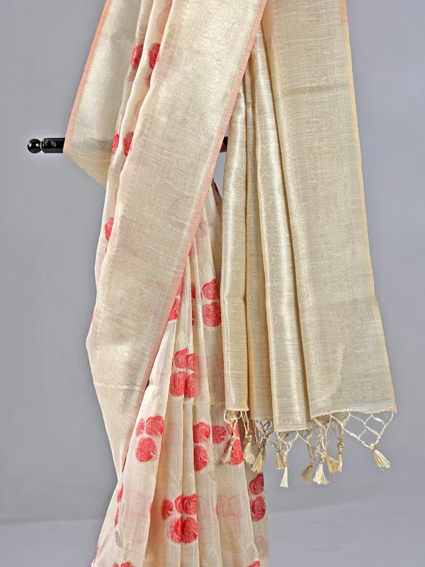 Beige and red semi cotton silk saree for women