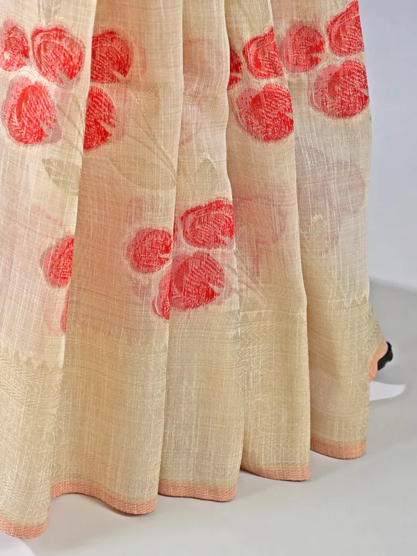 Beige and red semi cotton silk saree for women
