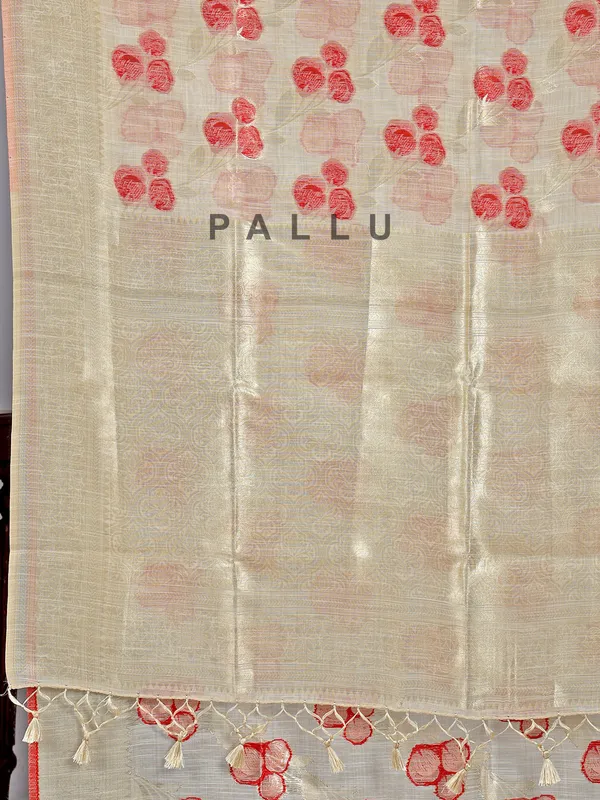 Beige and red semi cotton silk saree for women