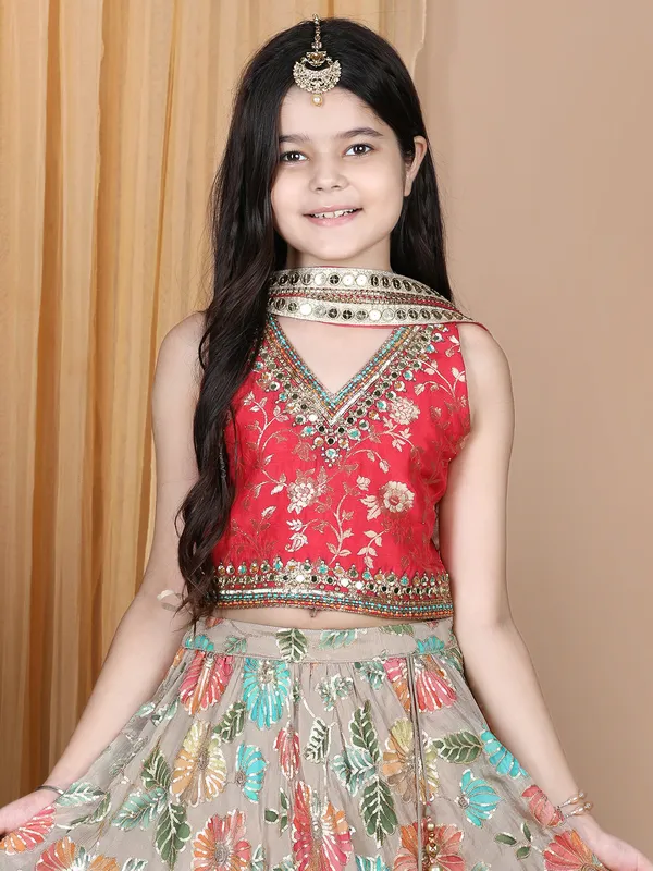 Beige and red silk lehenga choli