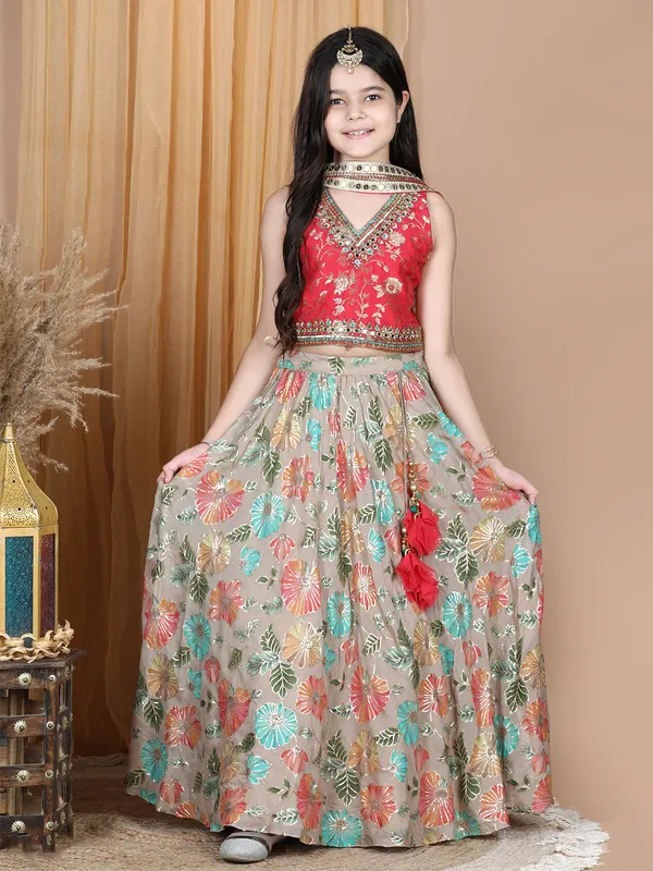 Beige and red silk lehenga choli