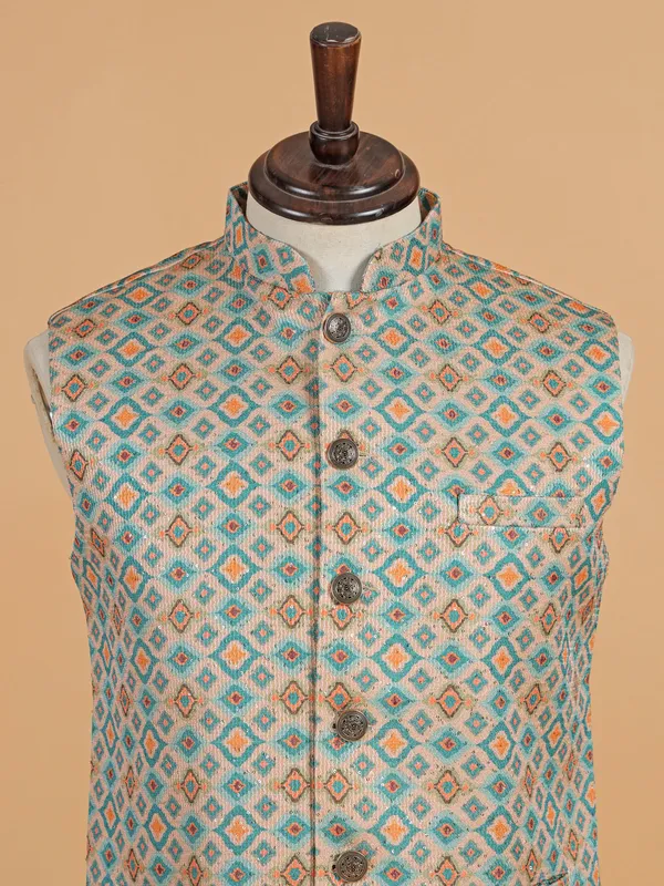 Beige and sky blue cotton silk waistcoat for men
