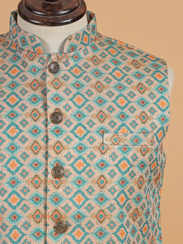 Beige and sky blue cotton silk waistcoat for men