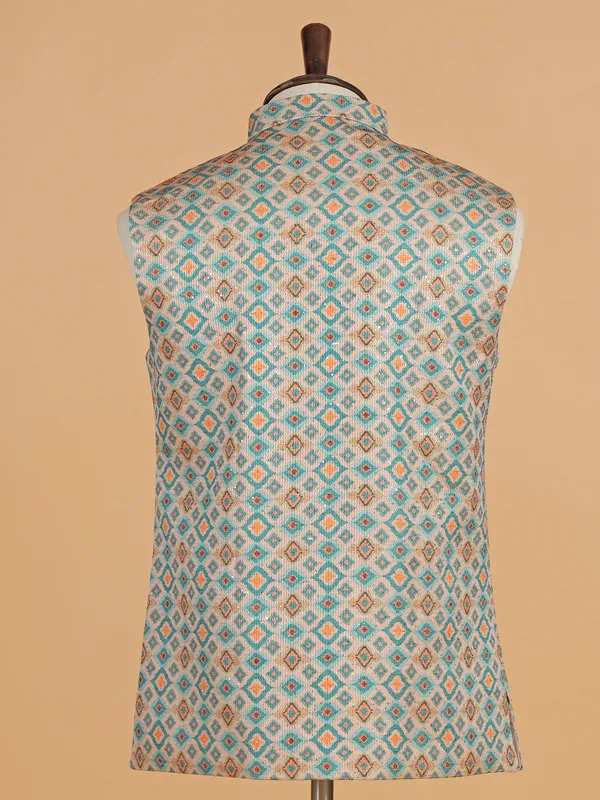 Beige and sky blue cotton silk waistcoat for men