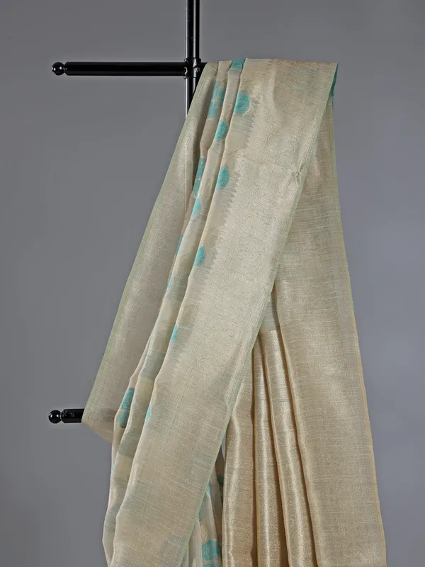 Beige and sky blue elegant work with print saree