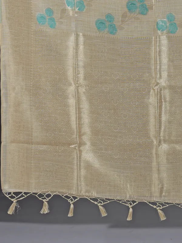 Beige and sky blue elegant work with print saree