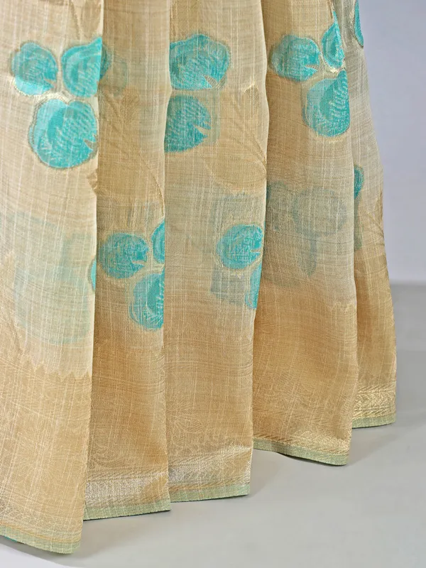 Beige and sky blue elegant work with print saree