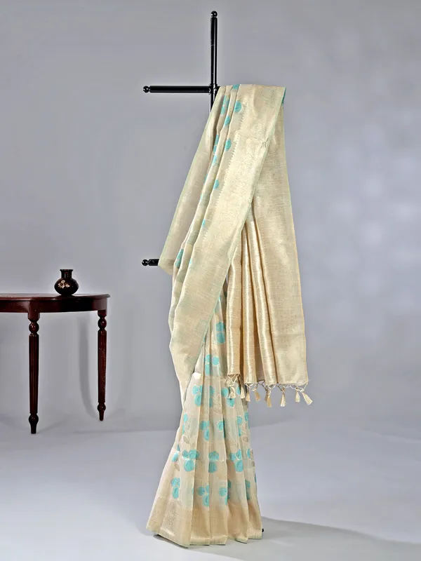 Beige and sky blue elegant work with print saree