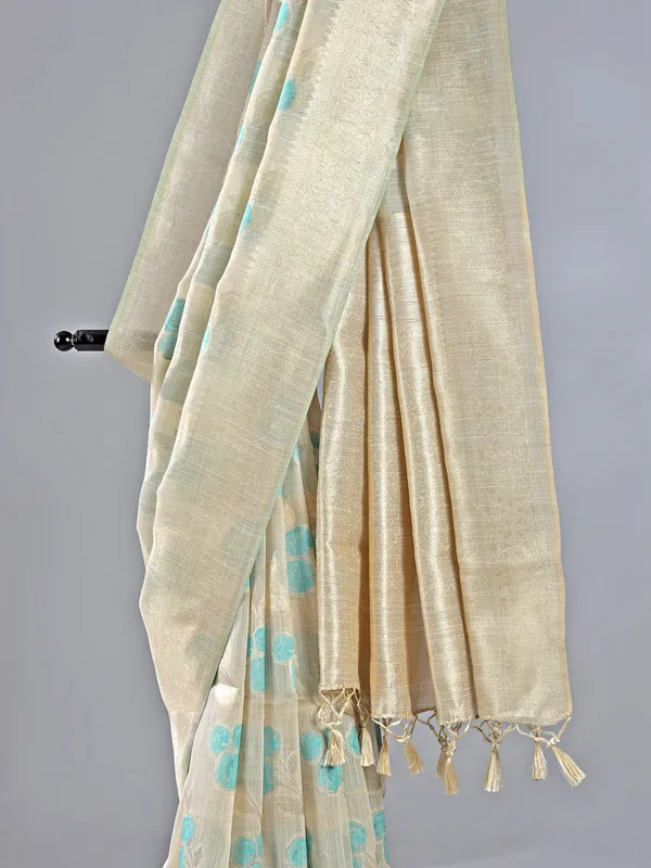 Beige and sky blue elegant work with print saree