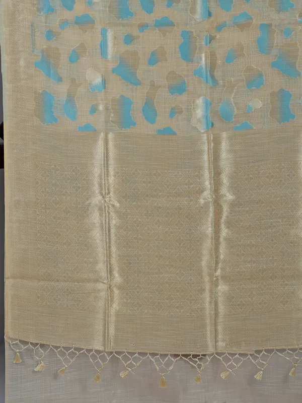 Beige and sky blue semi cotton saree for festive wear