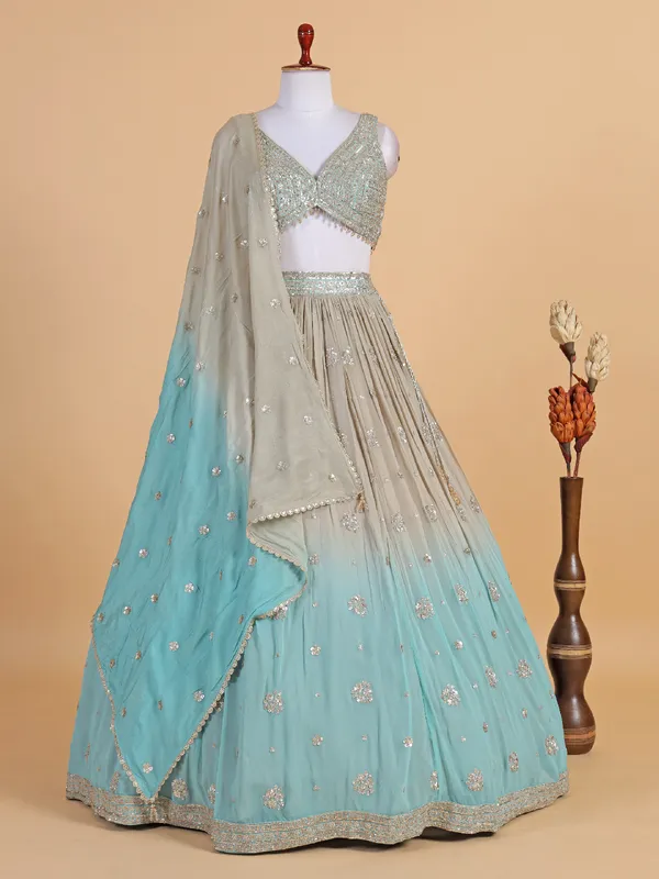 Beige and sky blue shaded lehenga choli