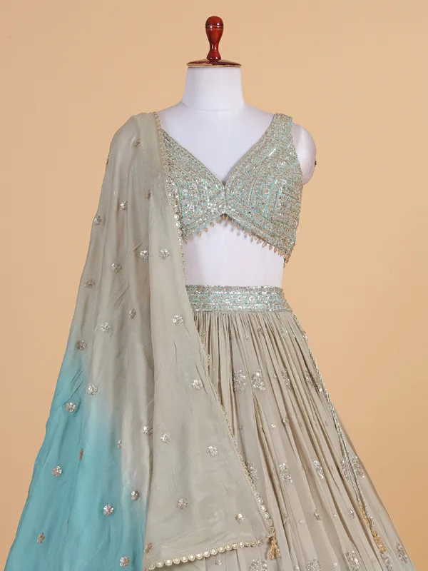 Beige and sky blue shaded lehenga choli