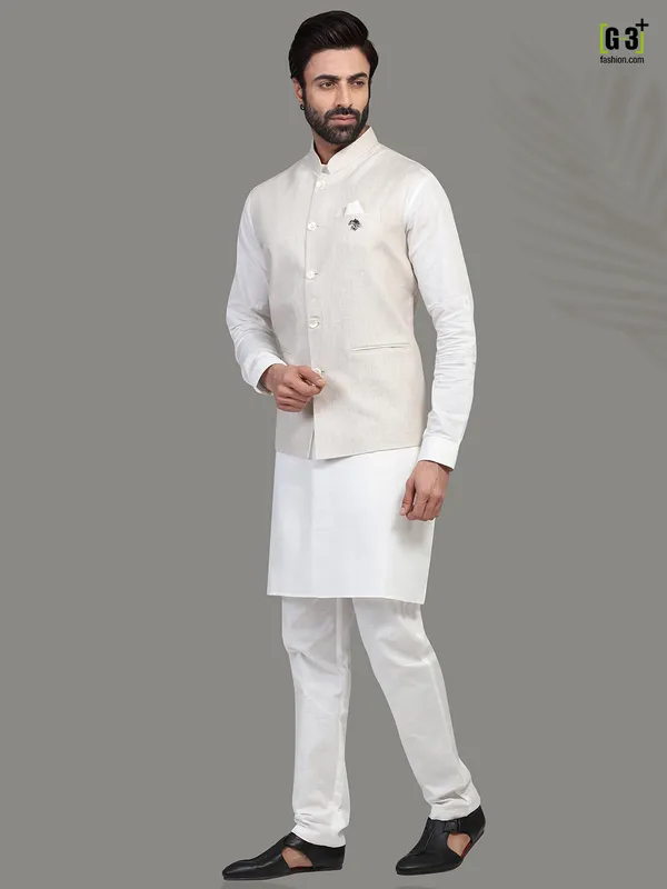Beige and white linen waistcoat set