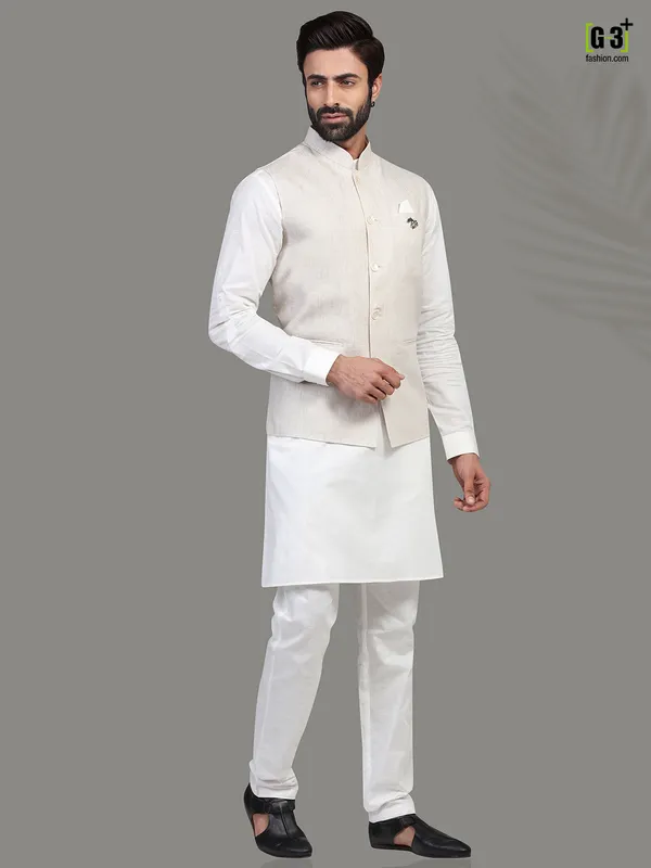 Beige and white linen waistcoat set