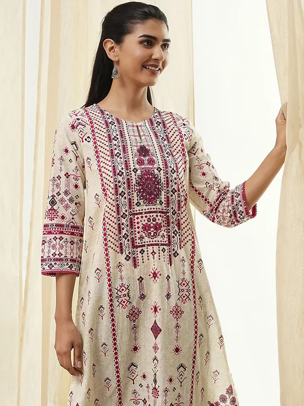 Beige and wine printed cotton silk kurti