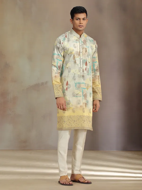 Beige and yellow printed cotton tissue silk kurta pajama