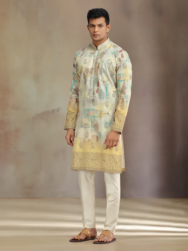 Beige and yellow printed cotton tissue silk kurta pajama