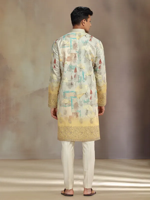 Beige and yellow printed cotton tissue silk kurta pajama