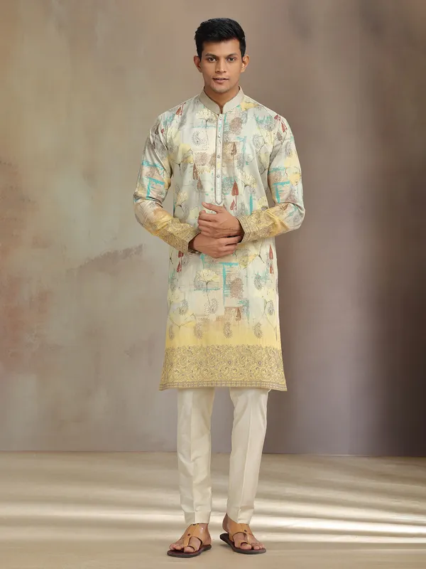 Beige and yellow printed cotton tissue silk kurta pajama