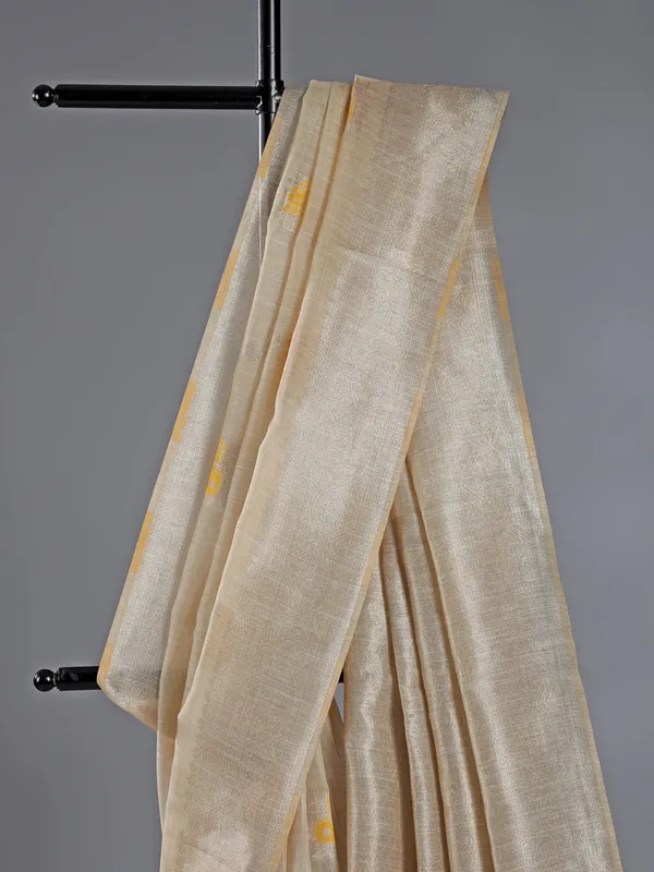 Beige and yellow printed semi cotton silk saree for women