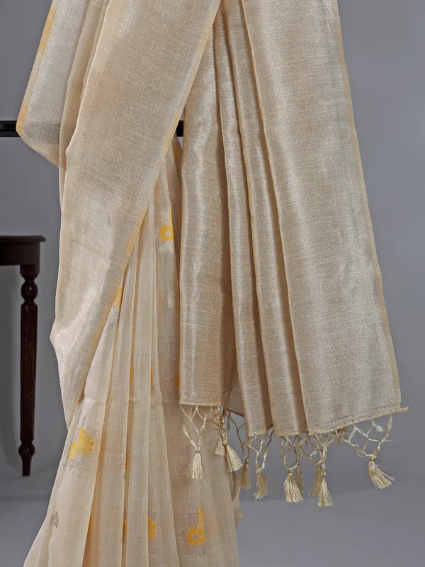 Beige and yellow printed semi cotton silk saree for women