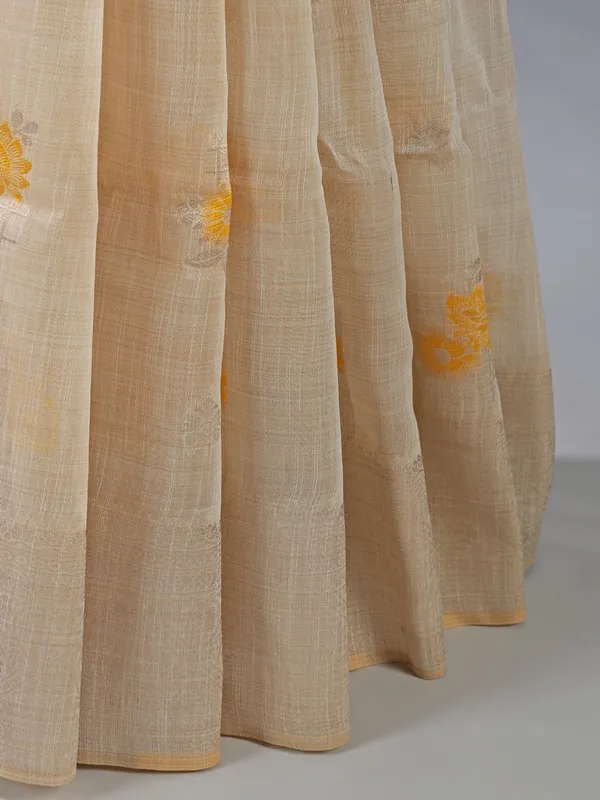 Beige and yellow printed semi cotton silk saree for women