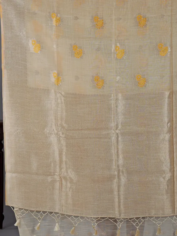 Beige and yellow printed semi cotton silk saree for women