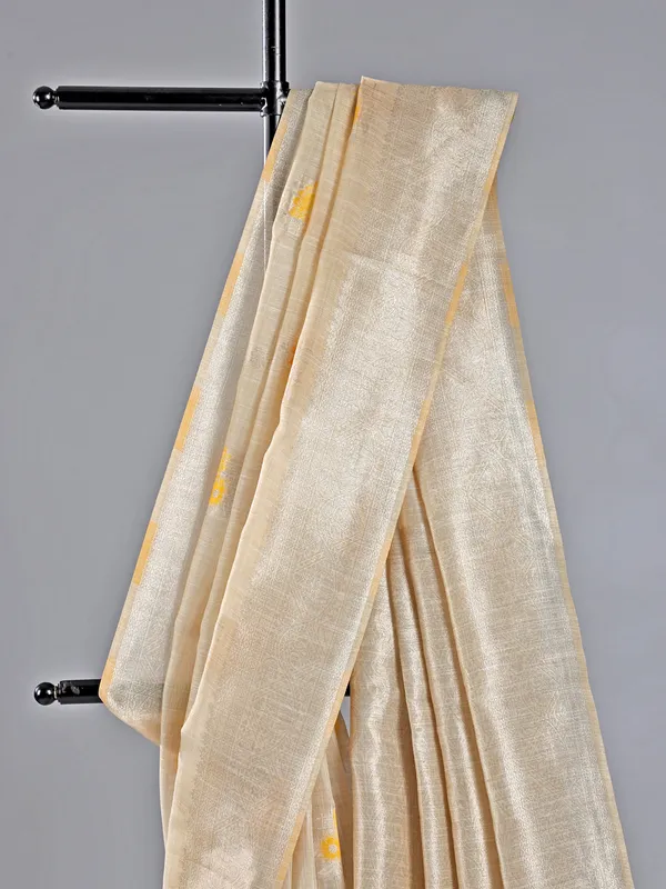 Beige and yellow printed semi cotton silk saree for women
