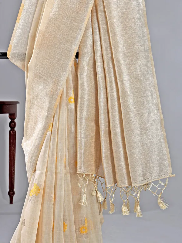 Beige and yellow printed semi cotton silk saree for women