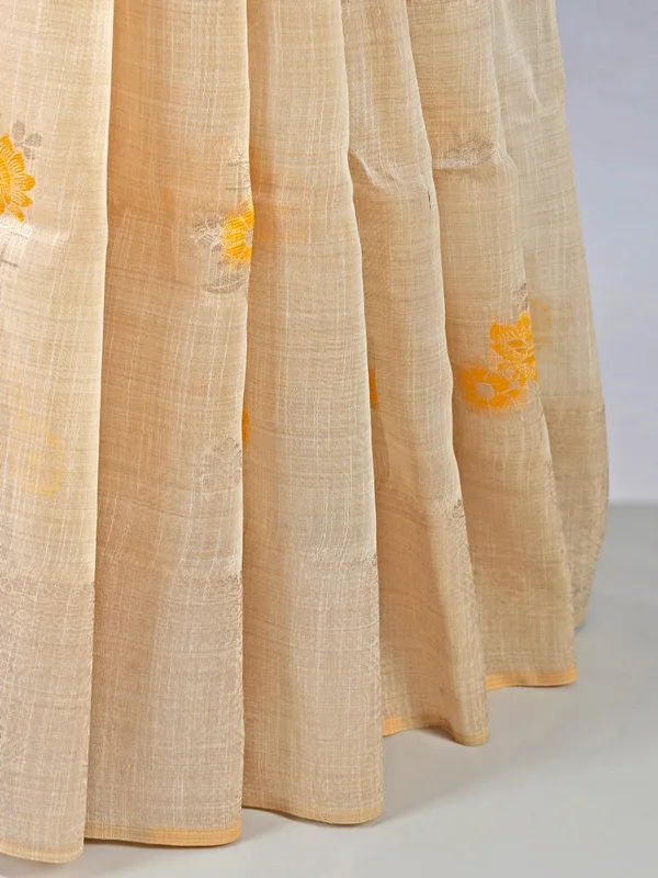 Beige and yellow printed semi cotton silk saree for women