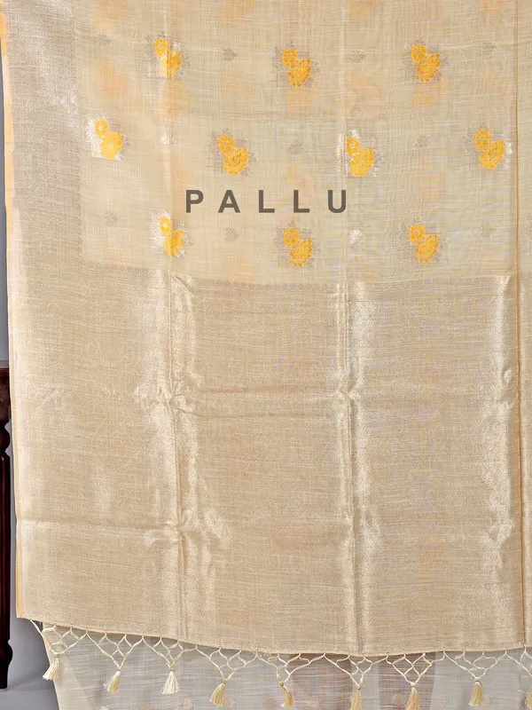 Beige and yellow printed semi cotton silk saree for women