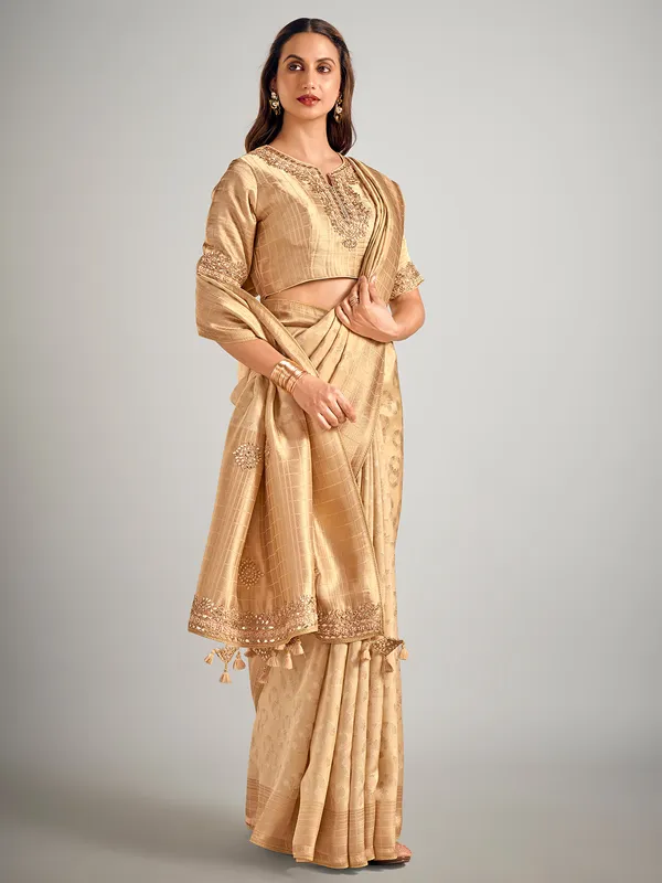 Beige art silk zari weaving saree