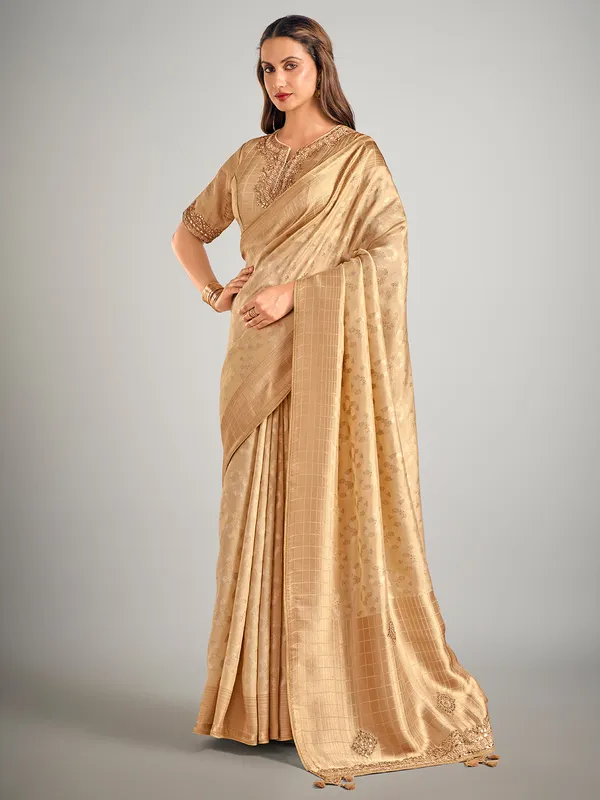Beige art silk zari weaving saree