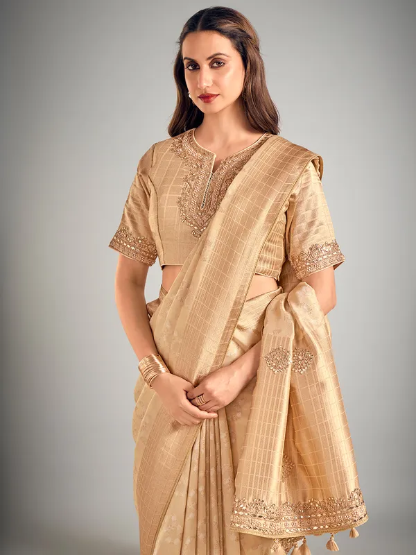 Beige art silk zari weaving saree