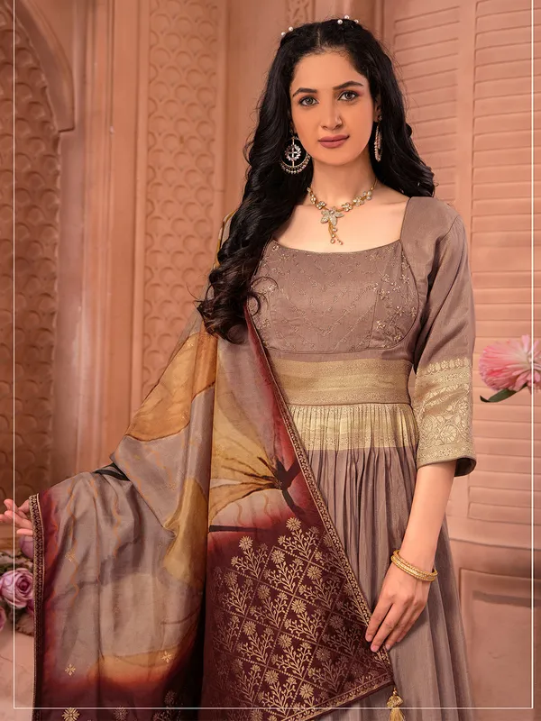 Beige banarasi silk anarkali floor length suit