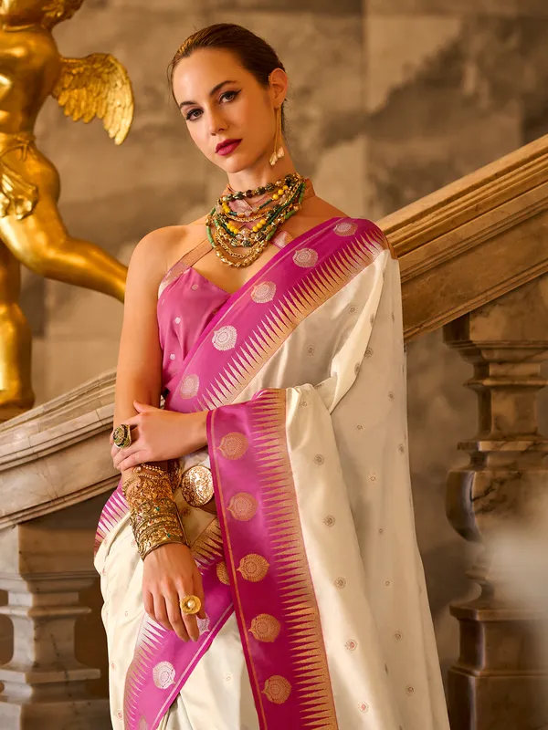 Beige banarasi silk saree for women